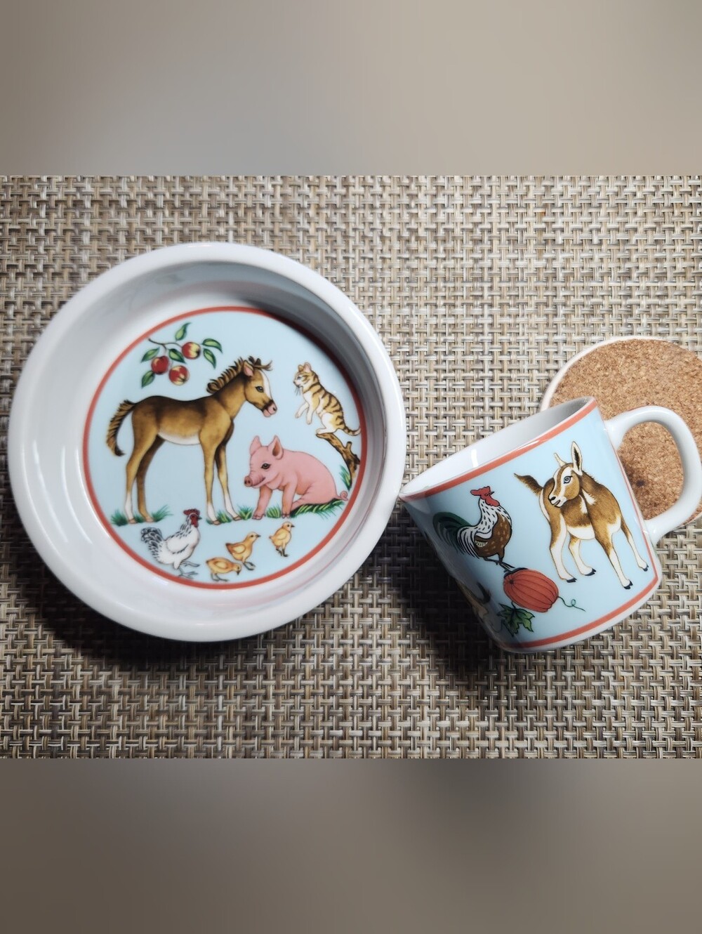 Barn Dance by Lynn Chase 2 Piece Child's Collectible Dining Set- Bowl & Mug, EUC